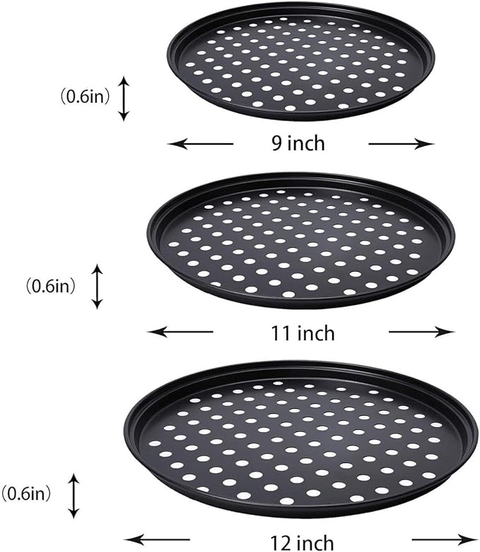 3 Pack Pizza Pan Set, Nonstick Pizza Pans for Oven Carbon Steel Pizza Pan with Holes, Pizza Baking Pan for Oven Baking Supplies, for Home Baking Kitchen Oven（9 Inch &11 Inch &12 Inch）