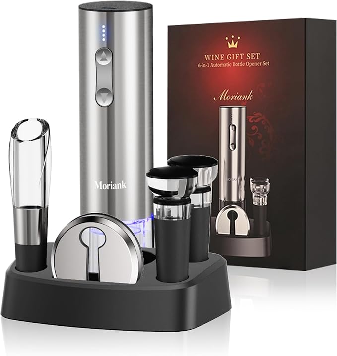 Electric Wine Opener Set with Stand, Wine Gift Set with Rechargeable Wine Opener, Wine Aerator, Vacuum Stoppers and Foil Cutter, 6-in-1 Wine Bottle Opener Set for Home Party Bar Outdoor Gift