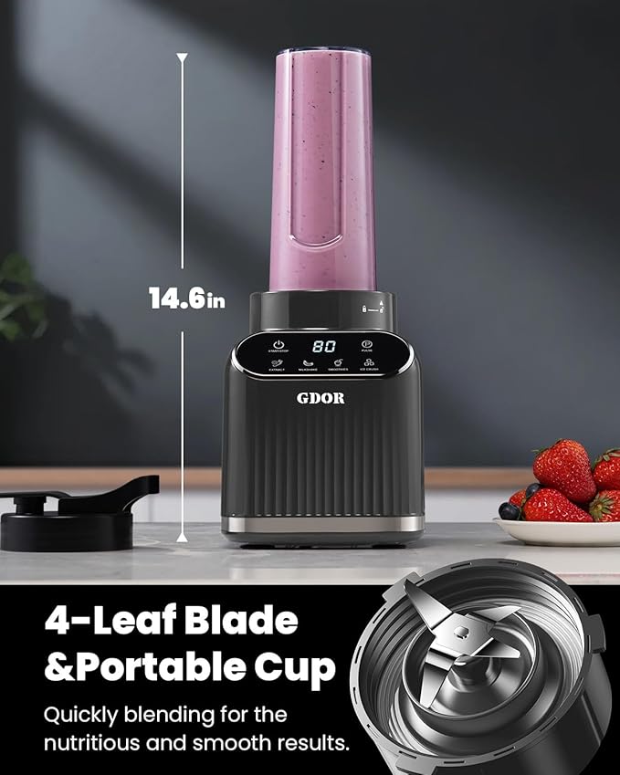 GDOR Professional Blender for Smoothies, 5 Functions, 1200 Peak Watts Smoothie Blender, 52 Oz Glass Jar & 24 Oz To-Go Cup Combo, Blenders for Smoothies, Ice and Frozen Fruit, Self-Cleaning, Gray