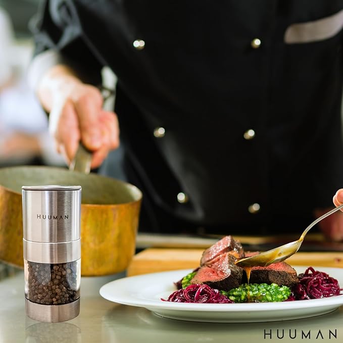 Huuman Salt or Pepper Grinder with Adjustable Coarseness Ceramic Burr, Stainless Steel Manual Salt or Pepper Grinder Perfect for Pink Himalayan Salt, Table Salt, Peppercorns, and Black or White Pepper