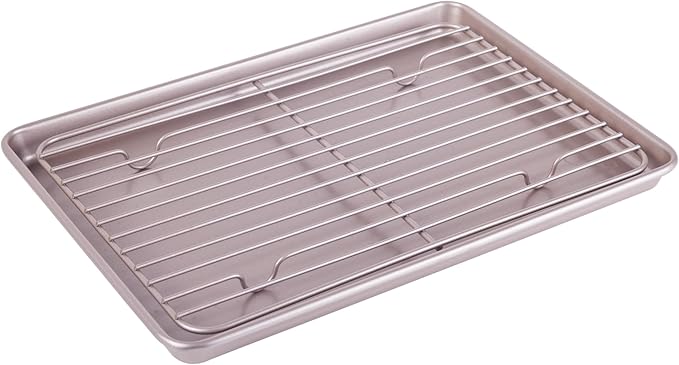 13-inch Baking Sheet Pan with Rack, Non-Stick Rectangular Shallow Dish Sheet Pan with Wire Rack for Oven Baking, BBQ, Jelly Roll and Roasting 13.5" x 9.6" x 1" (Champagne Gold)