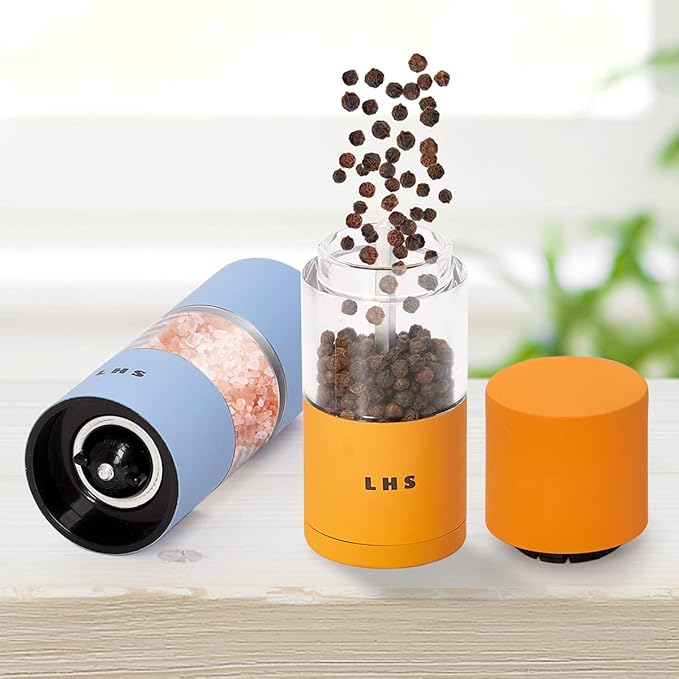 LHS Premium Salt and Pepper Grinder Set, Stainless Steel Salt Pepper Mill Set, Refillable Pepper Seasoning Mills with Adjustable Coarseness for Kitchen Use - 4.6 Inches(2-Pack, Orange & Blue)