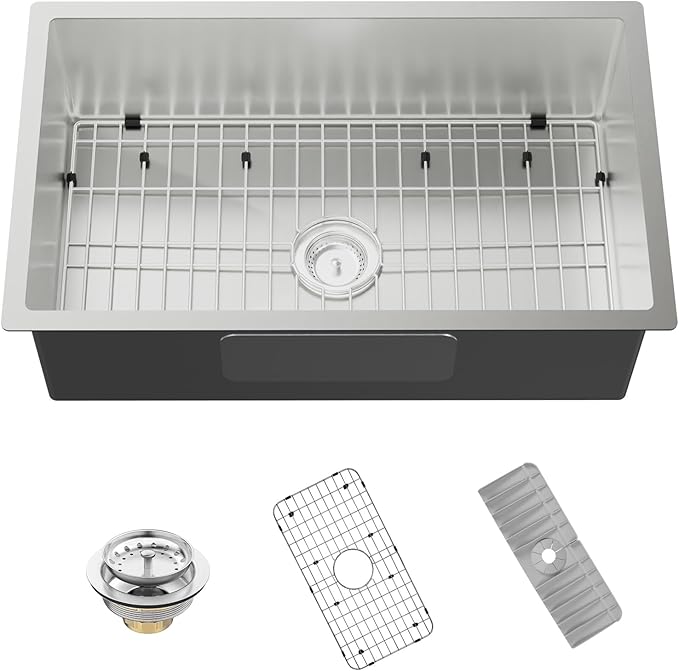 Kitchen Sink, 30x18 Inch Stainless Steel Drop In Kitchen Sink Modern Undermount Single Bowl Kitchen Sink Gift Combo-SS Grid,Silicon Mat,Drain Strainer Set Compatibility With Various Kitchen