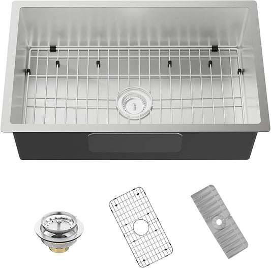 Kitchen Sink, 30x18 Inch Stainless Steel Drop In Kitchen Sink Modern Undermount Single Bowl Kitchen Sink Gift Combo-SS Grid,Silicon Mat,Drain Strainer Set Compatibility With Various Kitchen