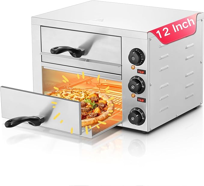 Commercial Pizza Oven, 12 Inch Countertop Pizza Ovens with 662°F Max Temp, 2-Layer Electric Pizza Cooker with Alert Timer, 1700W Stainless Steel Pizza-Maker Machine, for Restaurant,Home, Party, Silver