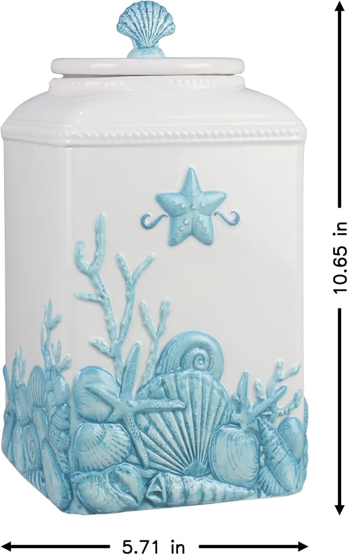 Young's Inc. 4 Pcs Set Blue Lagoon Nautical Ceramic Canisters- Storage Container for Kitchen and Bathroom - Beautiful Home Decor Accent to Store Food, Coffee, Tea, and More - White, Blue