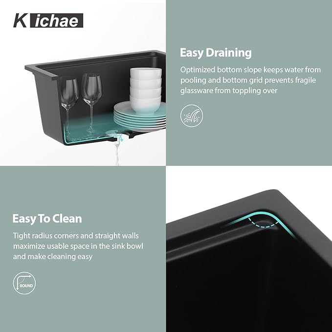 Kichae Black Undermount Bar Sink - 18 x 18 Black Composite Granite Undermount Wet Bar Prep Kitchen Sink