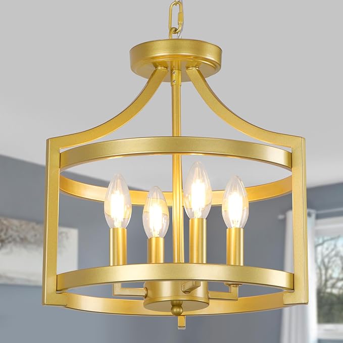 4-Light Chandelier, Gold Semi Flush Mount Ceiling Light Fixture Convertible Hanging Kitchen Pendant Lighting Over Island, Farmhouse Small Lantern Chandeliers for Dining Room Foyer Entryway