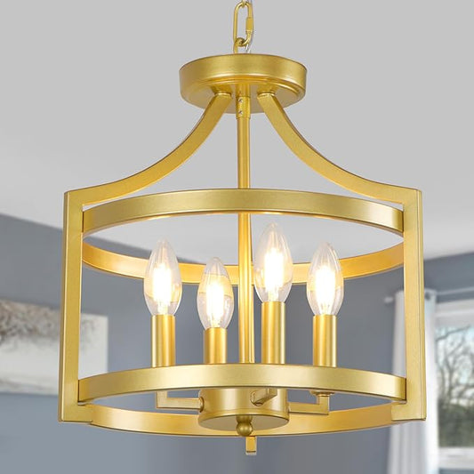 4-Light Chandelier, Gold Semi Flush Mount Ceiling Light Fixture Convertible Hanging Kitchen Pendant Lighting Over Island, Farmhouse Small Lantern Chandeliers for Dining Room Foyer Entryway