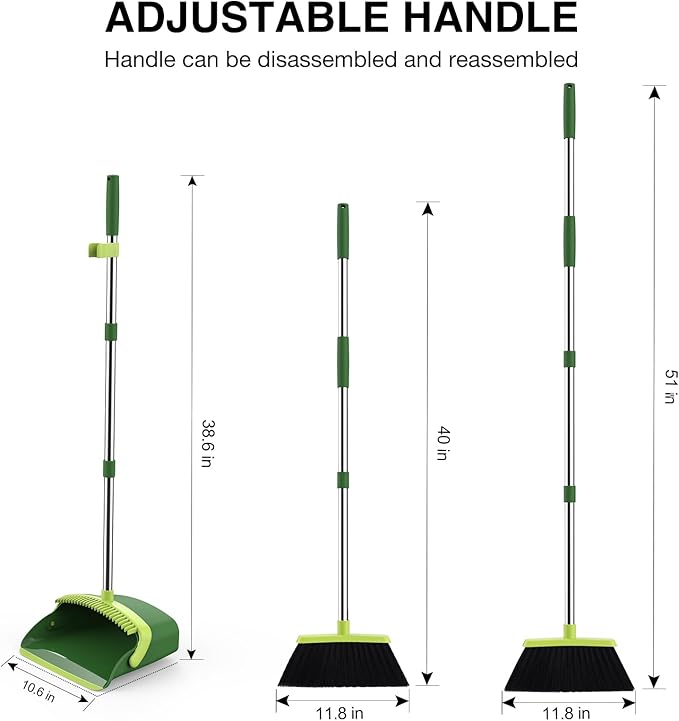 Broom and Dustpan Set, 52-in Long Adjustable Handle Broom Dustpan Combo with Dust pan Teeth to Automatically Clean Hair Suitable for Home Kitchen Office Hall Floor (Green), 4 Pack