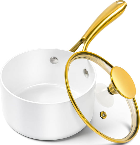 MICHELANGELO 1 Quart Nonstick Saucepan with Lid, Non-Toxic Ceramic Sauce Pan with Ergonomic Handle, 1 Qt Small Pot, Oven-Safe, White