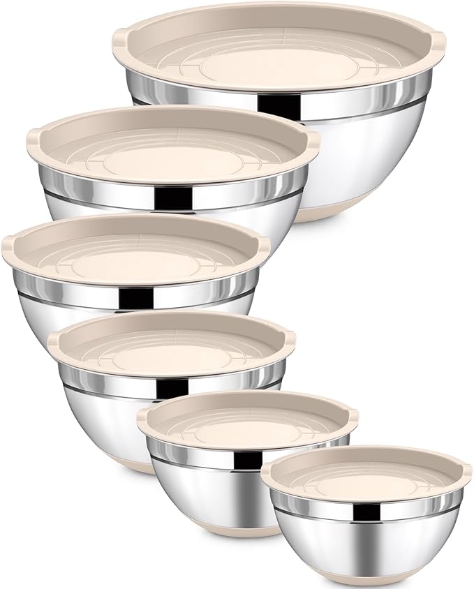 LIANYU 6 Piece Mixing Bowls Set with Airtight Lids, Size 7, 3.5, 2.5, 2, 1.5, 1QT, Stainless Steel Nesting Metal Bowls for Kitchen Baking Cooking Serving Food Storage, Non-slip Bottom, Khaki