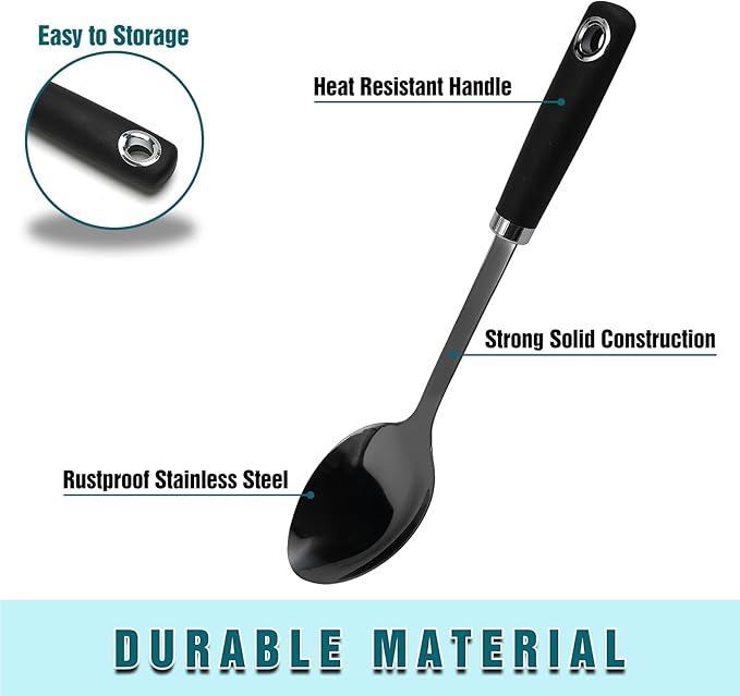 Stainless Steel Cooking Spoon Heavy Duty Basting Spoon Serving Spoons Stainless Steel Cooking Utensils with Non-Slip Ergonomic Handle, Black