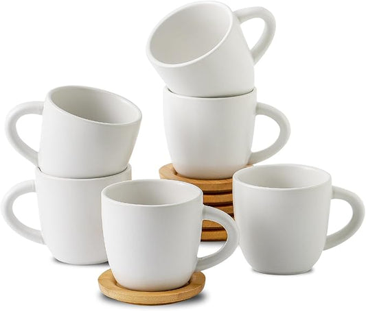 Hasense Cappuccino Cups with saucers, 6 Ounce Ceramic Coffee Mugs Set of 6 Perfect for Espresso, Specialty Coffee Drinks, Latte, Cafe Mocha and Tea, White