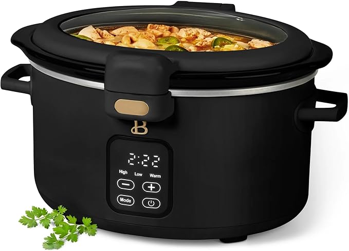 Beautiful 4-Qt Programmable Slow Cooker with Hinged Locking Lid & Touch Display – 3 Heat / 4 Timer Settings (Black Sesame)