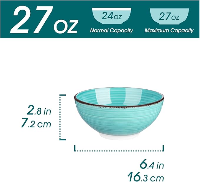 vancasso Bonita 27 Oz Cereal Bowls Set of 6, Blue Ceramic Bowls for Kitchen, 6 Inch Soup Bowls, Dishwasher & Microwave Safe