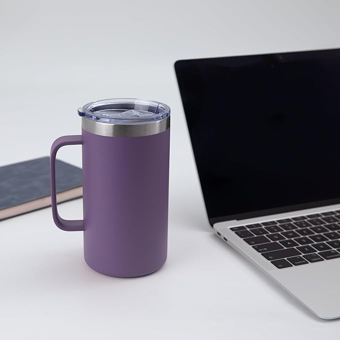 DOMICARE 24oz Mug with Handle and Lid, Stainless Steel Coffee Mug, Travel Mug with Handle, Double Wall Vacuum Coffee Tumbler, Reusable Insulated Cup, Dark Purple, Pack 8