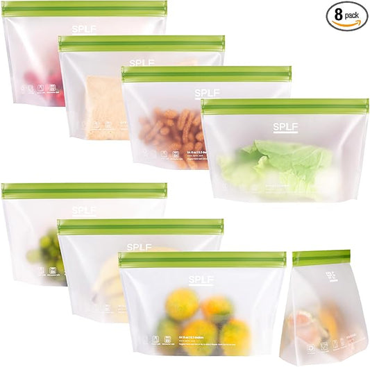 SPLF 8 Pack Stand-Up Reusable Half Gallon Freezer Bags Dishwasher Safe, Extra Thick Leakproof 1/2 Gallon Food Storage Bags, BPA Free Silicone for Meal Prep, Marinate, Veggies, Fridge Organization