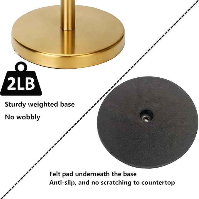 Paper Towel Holder, Stainless Steel Heavy Base (2LBS in Weight, and 6.7inch in Diameter), Gold Brushed Finish, Paper Towel Holder Countertop, Ripping Paper Towel Off One-Handed, No Wobbly