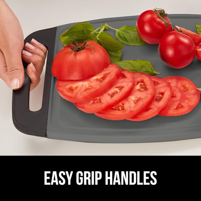 GORILLA GRIP BPA-Free Reversible Kitchen Cutting Board Set of 3, US Designed, Nonporous, Juice Grooves Catch Liquid, Slip Resistant Border, Dishwasher Safe, Durable Food Chopping Boards, Black Gray