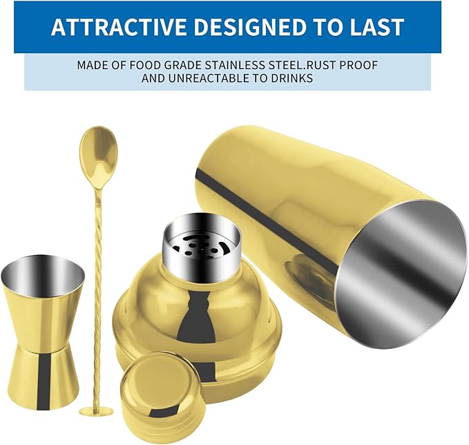 24oz Cocktail Shaker Bar Set, Martini Shaker with Built-in Strainer, Measuring Jigger, Mixing Spoon, Professional Stainless Steel Large Bartender Drink Shaker Margarita Alcohol Mixer-Gold