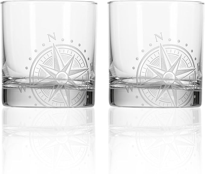 Rolf Glass Compass Star On the Rocks Glass 10 ounce | Lead-Free Glass | Nautical Themed Glassware | Stylish Drinkware for Home Bar and Parties | Made in the USA | Set of 2