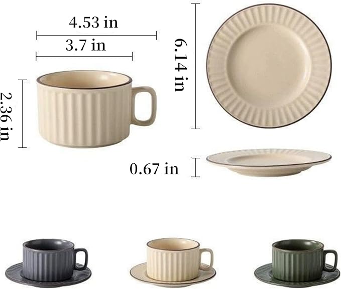 Cappuccino Cups with Saucers, 8 oz Ceramic Vertical Stripe Coffee Cup and Saucer set for Au Lait, Double shot, Latte, Cafe Mocha, Set of 4