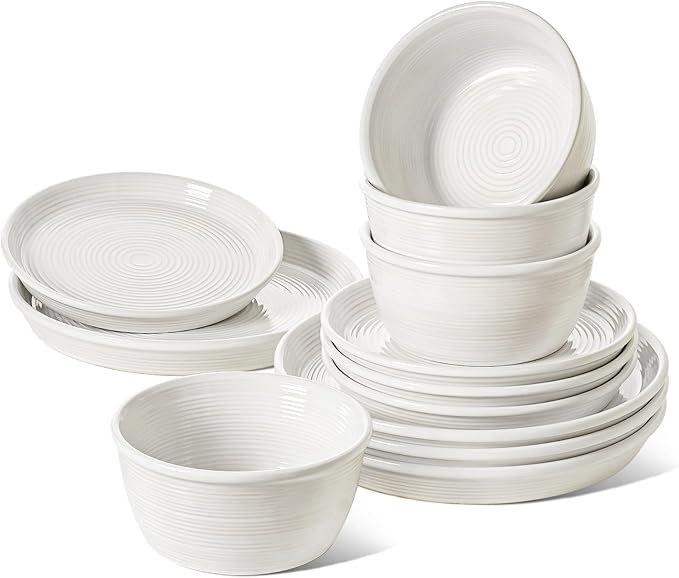 LE TAUCI 12‑Piece Ceramic Plates and Bowls Set, Service for 4 – White Farmhouse Dinnerware Sets with Deeper Plates (10" Dinner, 8" Salad, 6" Bowls), Dishwasher & Microwave Safe Stoneware Dishes