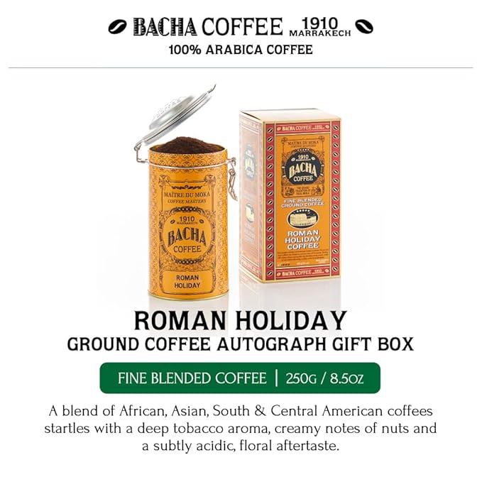 Bacha Coffee | Roman Holiday Fine Blended Coffee, Autograph Collection, 100% Arabica Specialty Coffee, Ground Beans, Medium Light Roast, 250g & 100% Natural Unbleached Wood Fibre Paper Filters, Small