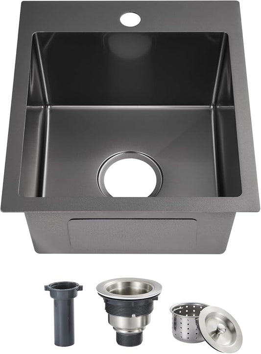 ROVOGO 15x17x8 in. Drop in Kitchen Sink Single Bowl, Black Prep Sink 304 Stainless Steel, 1-Hole Small Secondary Entertainment Wet Bar Sinks