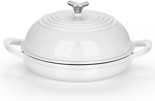 E-far Dutch Oven for Sourdough Bread Baking, 6 Qt Round Enameled Cast Iron Dutch Oven for Homemade Artisan Bread, Dome Lid & Shallow Base, Matte Black Interior & Durable, Oven-Safe to 500℉, White