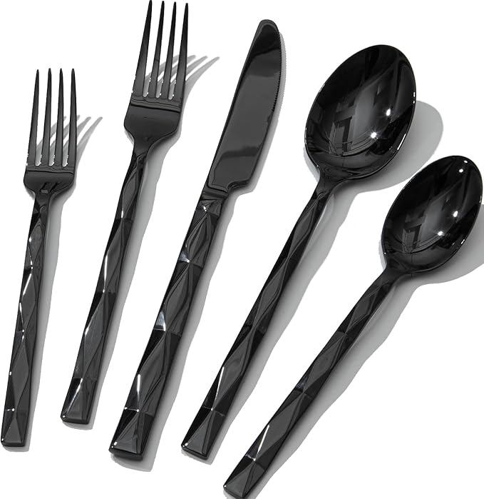 KINGSTONE Black Silverware Set, Luxury 60 Piece Flatware Set for, 18/10 Stainless Steel Cutlery Set with Diamond Cut Pattern for Kitchen, Home, Wedding, Party, Mirror Polished and Dishwasher Safe