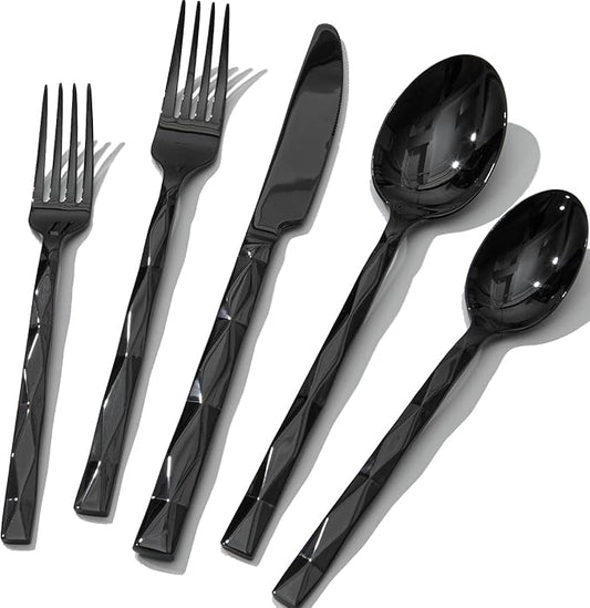 KINGSTONE Black Silverware Set, Luxury 40 Piece Flatware Set for, 18/10 Stainless Steel Cutlery Set with Diamond Cut Pattern for Kitchen, Home, Wedding, Party, Mirror Polished and Dishwasher Safe