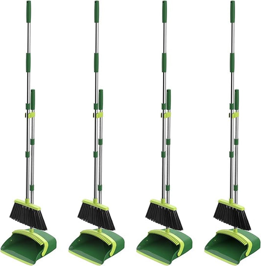Broom and Dustpan Set, 52-in Long Adjustable Handle Broom Dustpan Combo with Dust pan Teeth to Automatically Clean Hair Suitable for Home Kitchen Office Hall Floor (Green), 4 Pack