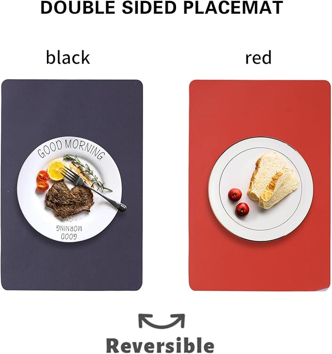 Faux Leather Placemats Set of 6,Reversible PU Placemat for Dining Table,Waterproof Table Mats Heat Resistant Wipeable Anti Slip Washable,Modern Table Protectors(Black and Red)