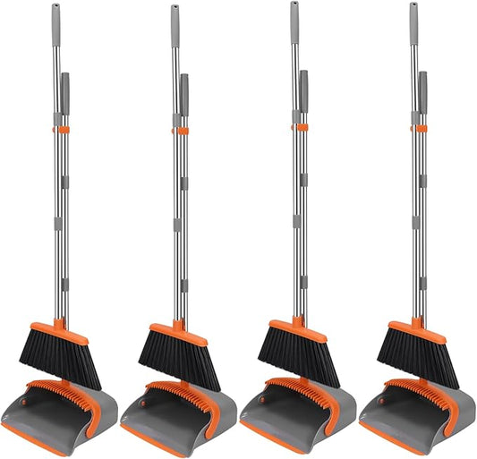 NACENA Broom and Dustpan Set, 52-in Long Adjustable Handle Broom Dustpan Combo with Dustpan Teeth to Automatically Clean Hair Suitable for Home Kitchen Office Hall Floor (Grey&Orange), 4 Pack