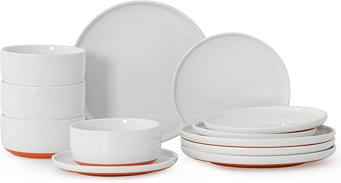 12 Piece Ceramic Dinnerware Set for 4, Modern Minimalist Stoneware Dinner Plates and Bowls, Microwave Safe, Dishwasher Safe, Versatile for All Seasons, Stardust Glaze White