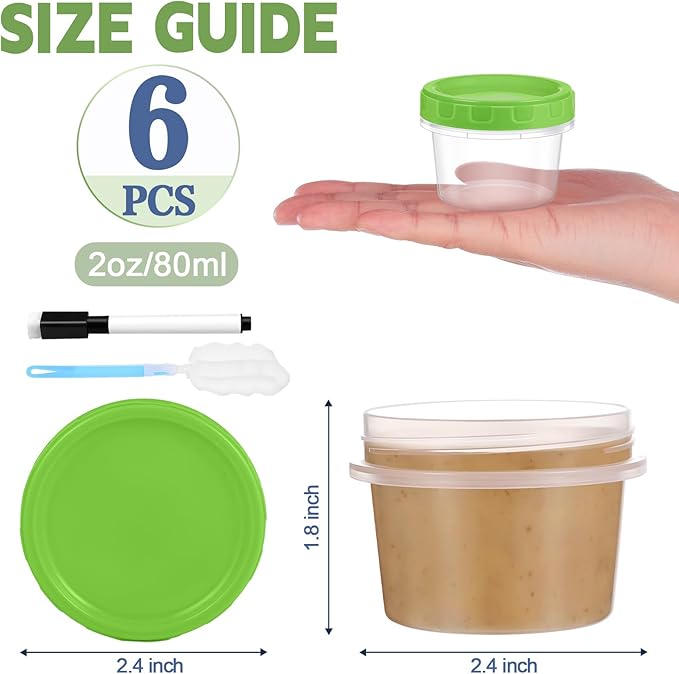 2 oz Small Plastic Containers with Lids, 6 Pack Salad Dressing Container, Reusable Condiment Containers Sauce Cups, with Pen and Brush, Freezer, Microwave & Dishwasher Safe