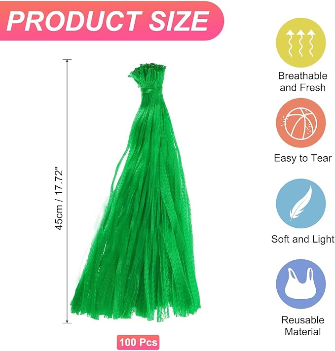 uxcell 100PCS Reusable Mesh Produce Bags, 17.7 Inches Egg Hatching Bags Washable Breathable Fruit Net Stretchable Mesh Netting Storage for Seafood Vegetable Onion Grocery Shopping, Green