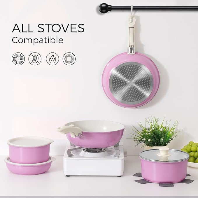 15Pcs Pots and Pans Set Non Stick, Cookware Sets with Detachable Handle, Nonstick RV Kitchen Cooking Tools Removable Handles, Oven Safe, Induction Fast, Stackable Induction Cookware, Pink