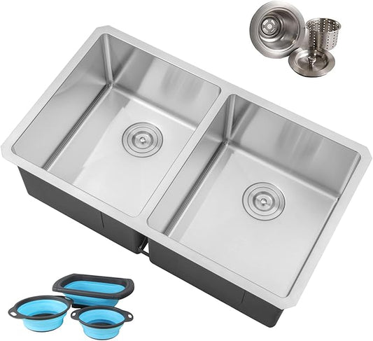 32 in. x 19 in. x 10 in. 16-Gauge Stainless Steel Undermount 50/50 Double Bowl Kitchen Sink with Collapsible Colander Set and Strainer