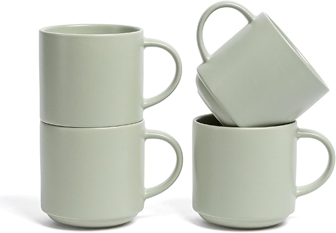 over&back Stackable Stoneware Coffee Mugs - 4-Piece Mug Set - Enjoy the Perfect Cup of Coffee, Tea, Latte, and More - Semi-Matte Sage- 14oz