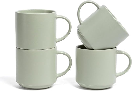 over&back Stackable Stoneware Coffee Mugs - 4-Piece Mug Set - Enjoy the Perfect Cup of Coffee, Tea, Latte, and More - Semi-Matte Sage- 14oz
