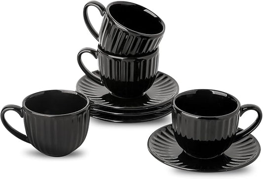 Hasense 4 Oz Espresso Cups with Saucers Set of 4, Ribbed Cappuccino Cups Ceramic for Coffee,Espresso,Double shot,Latte and Macchiato, Demitasse Cups Set Aesthetic Gift, Black