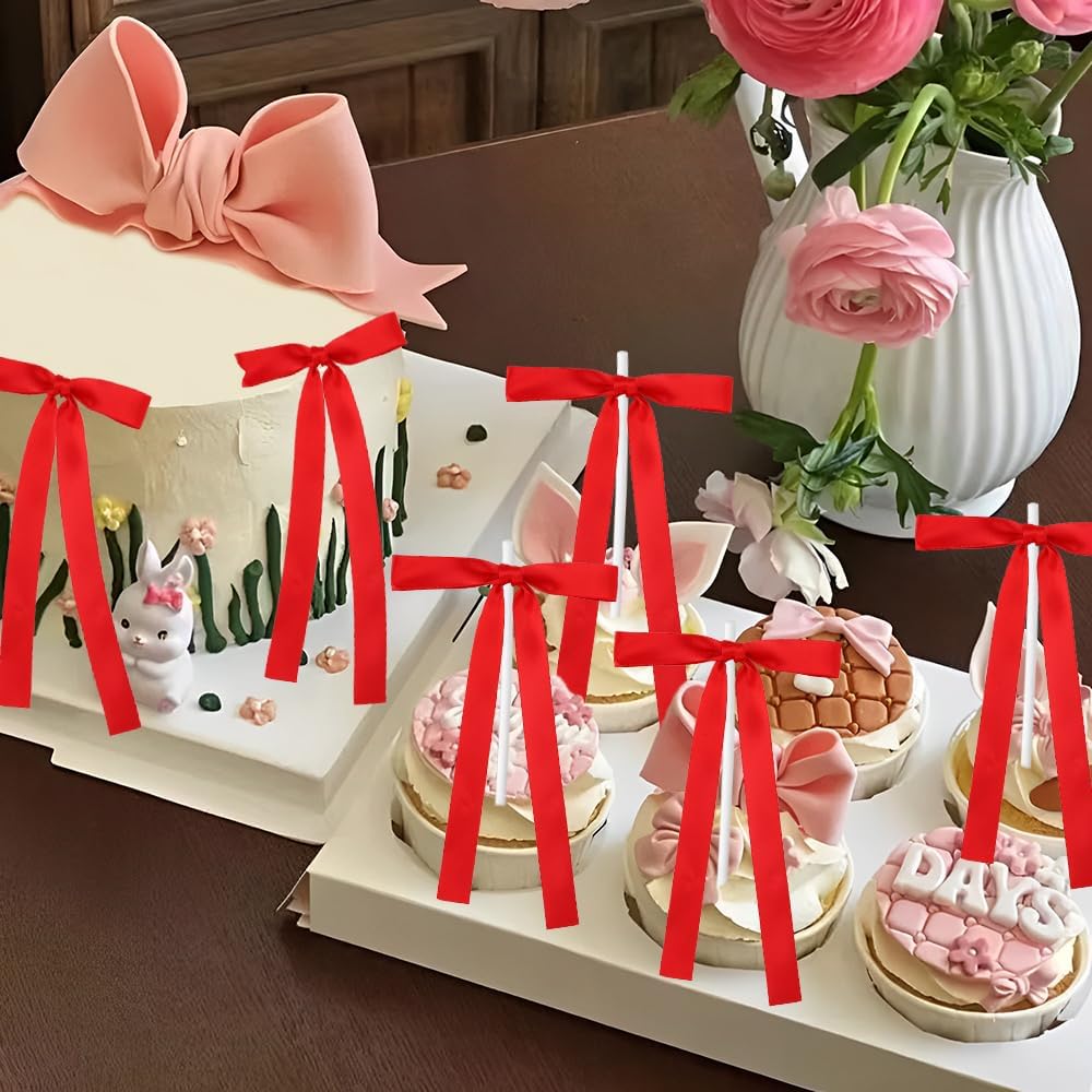 Bow Cake Toppers, 10 Pcs Large Red Bows Cupcake Toppers Themed Party Decorations, Red Birthday Cake Decorations for Wedding Baby Shower Party Supplies
