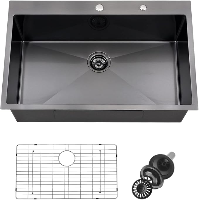 33 Inch Drop In Black Kitchen Sink, Doirteal 33 x 22 x 10 Inch 16 Gauge Stainless Steel Single Bowl Kitchen Sinks Topmount Kitchen Sink Single Basin With Bottom Grid
