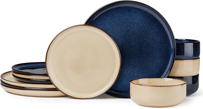 Herogo 12 Pieces Stoneware Dinnerware Dishes Set for 4, Kitchen Dining Plates and Bowls Sets, Double Reactive Glaze, Microwave & Dishwasher Safe, Scratch Resistant, Starry Blue & Cream Khaki