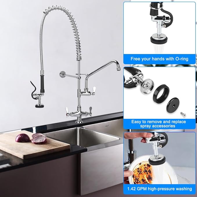 36 Inch Height Deck Mount Commercial Faucet with Pre Rinse Sprayer, Single Hole Commercial Pre Rinse Restaurant Kitchen Faucet with 12” Swing Spout for Commercial Restaurant Home Kitchens Sink