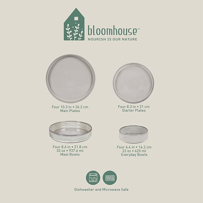 Bloomhouse Santorini Mist Double Bowl Terracotta Reactive Glaze Plates and Bowls Dinnerware Set - Moonstone White, Service for Four (16pcs)
