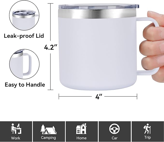 VEGOND 14 oz Insulated Coffee Mug Bulk with Handle, Stainless Steel Travel Coffee Mug with Lid, Double Wall Vacuum Metal Coffee Cup, Coffee Tumbler Powder Coated, White 4 Pack